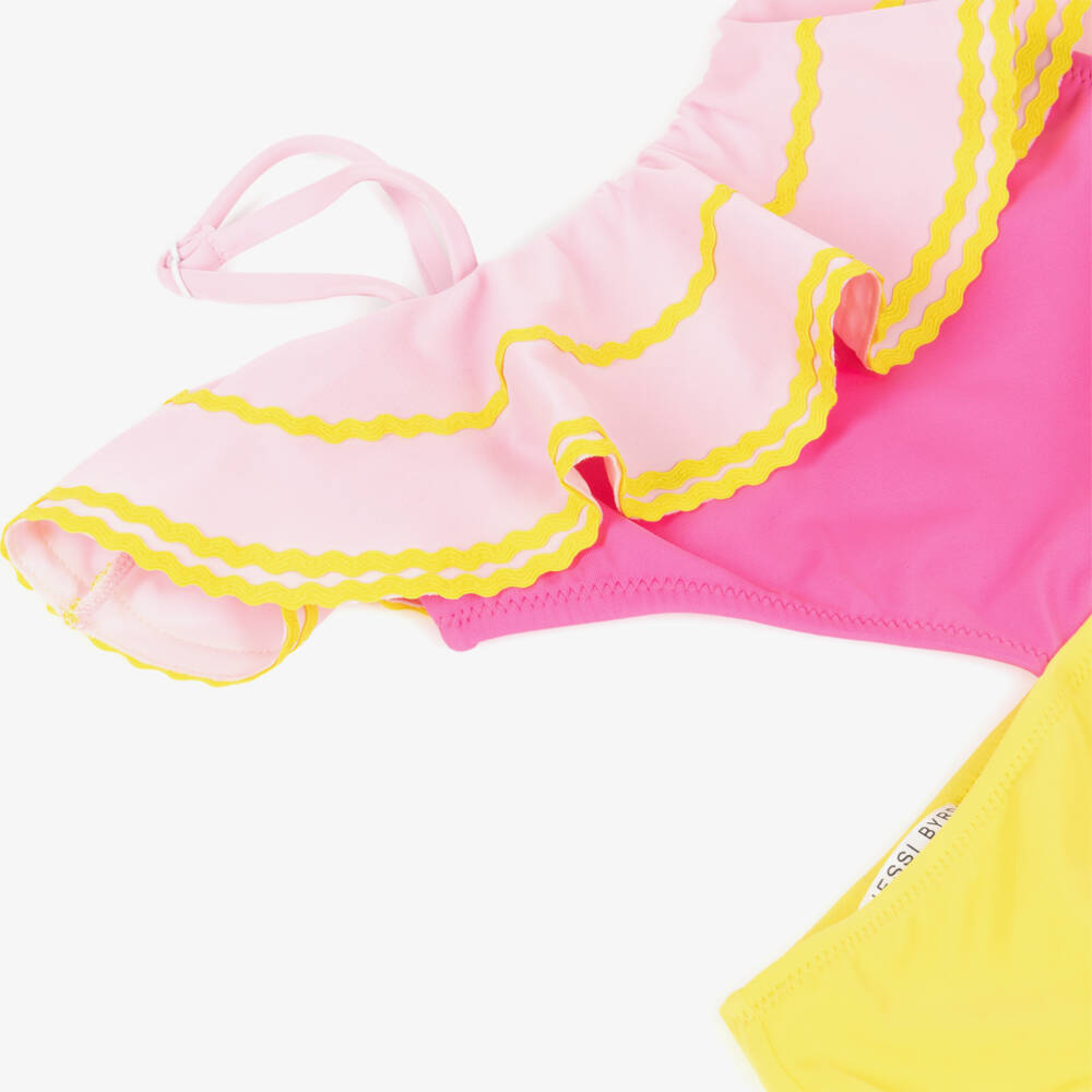 Nessi Byrd-Girls Pink & Yellow Swimsuit with Ric Rac Ruffle (UV50) | Childrensalon