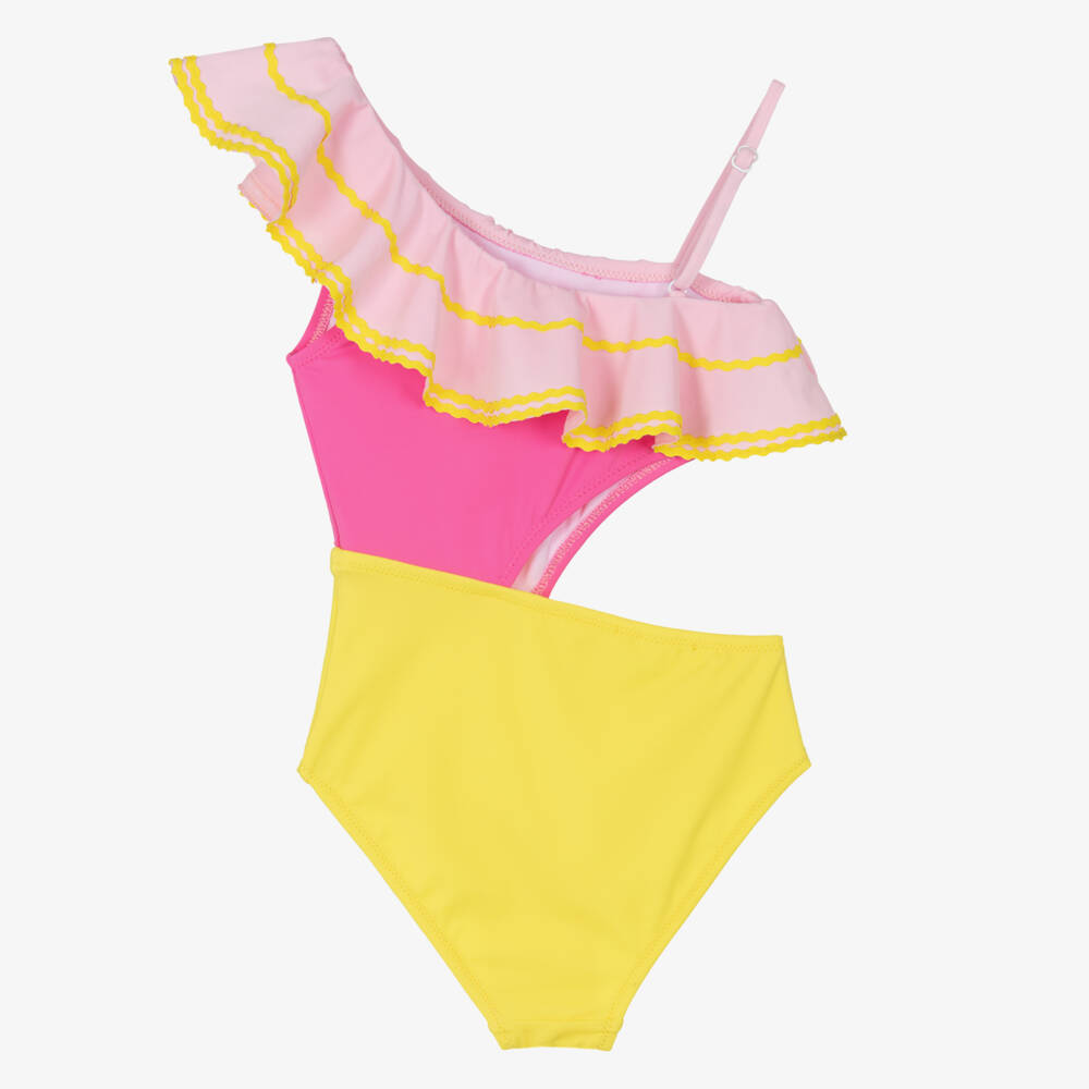 Nessi Byrd-Girls Pink & Yellow Swimsuit with Ric Rac Ruffle (UV50) | Childrensalon