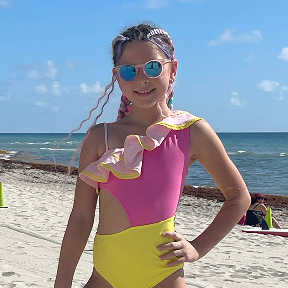 Nessi Byrd-Girls Pink & Yellow Swimsuit with Ric Rac Ruffle (UV50) | Childrensalon