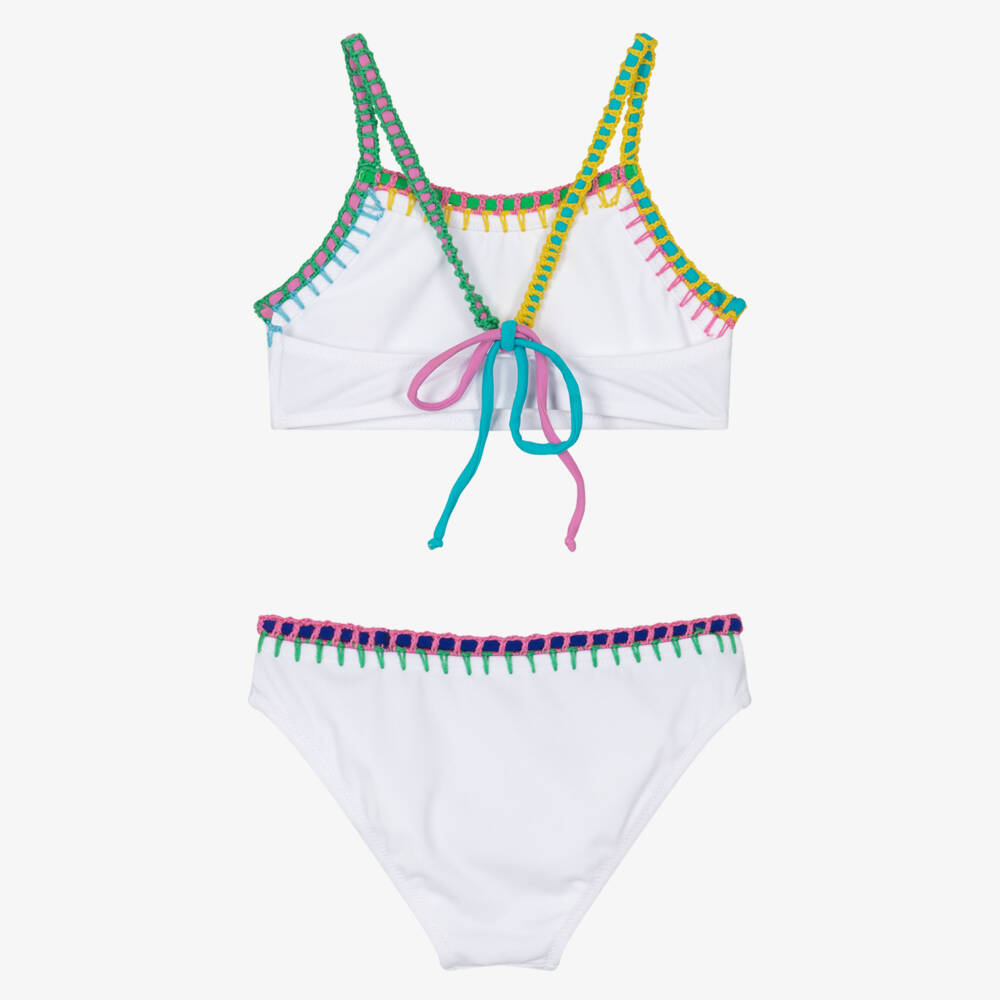 Nessi Byrd-بيكيني لون أبيض مزين بحواف متعددة الألوان للبنات | Childrensalon