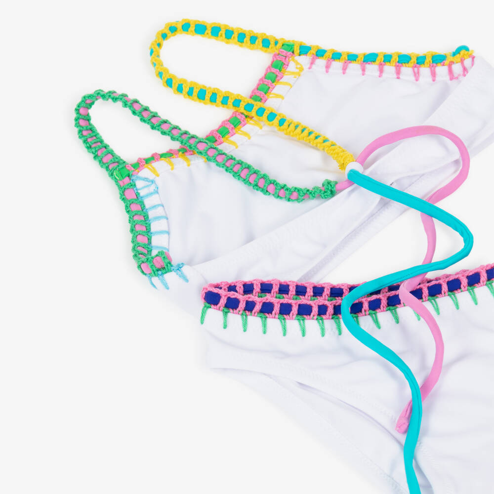 Nessi Byrd-بيكيني لون أبيض مزين بحواف متعددة الألوان للبنات | Childrensalon