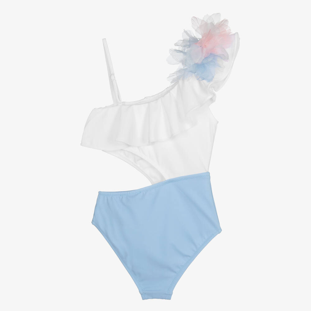 Nessi Byrd-Girls White & Blue Cut Out Swimsuit with Flower Appliqués | Childrensalon