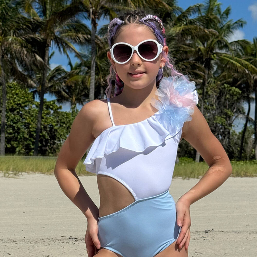 Nessi Byrd-Girls White & Blue Cut Out Swimsuit with Flower Appliqués | Childrensalon