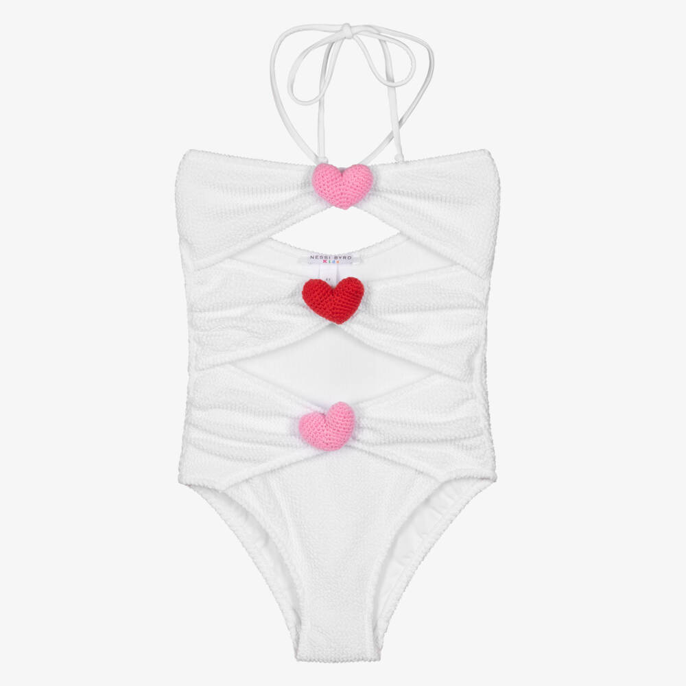 Nessi Byrd-مايوه كرينكل مزين بقلوب لون أبيض للبنات | Childrensalon