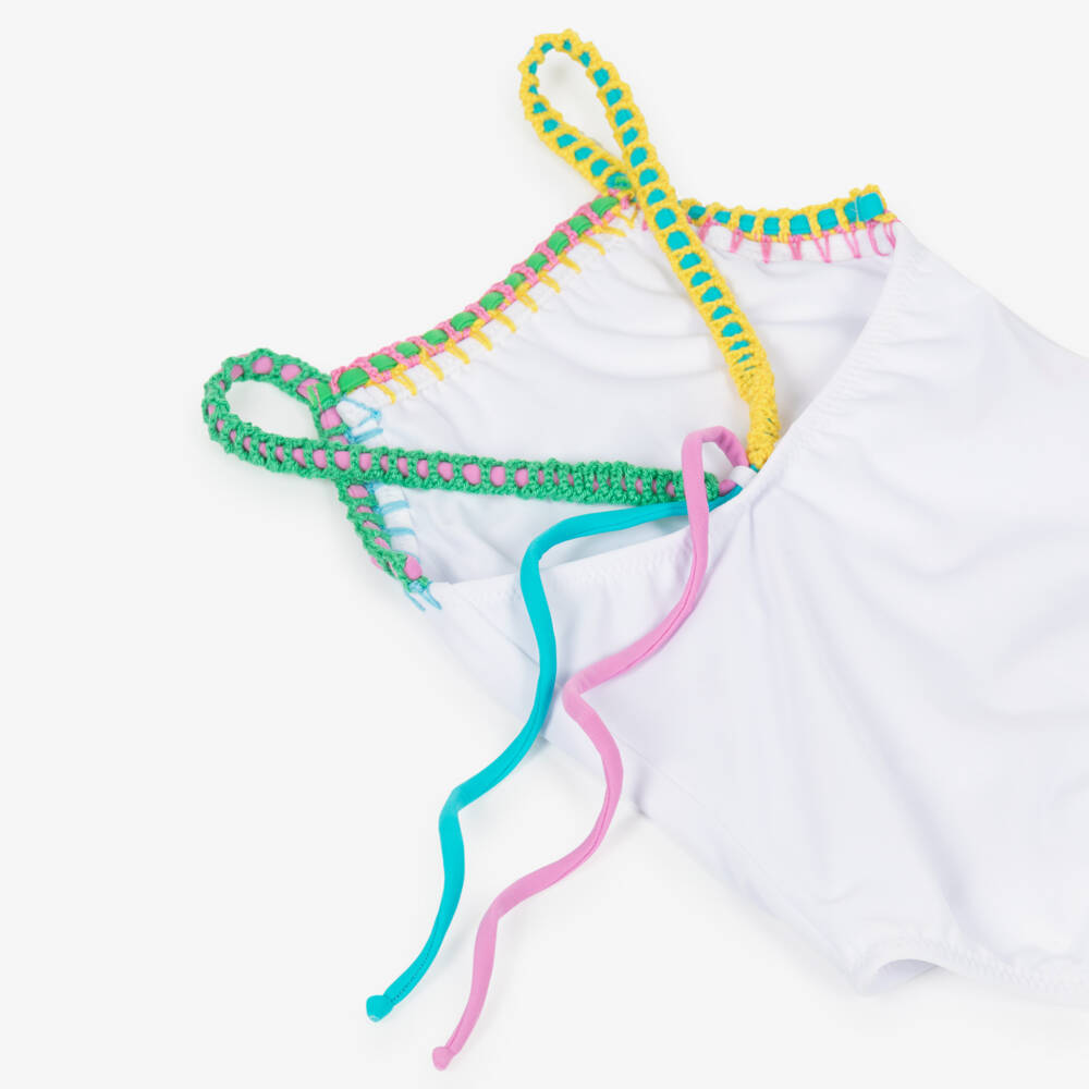 Nessi Byrd-مايوه لون أبيض بحواف متعددة الألوان للبنات (UV50) | Childrensalon