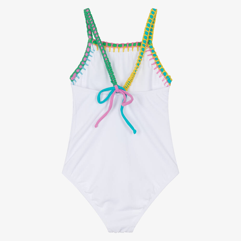 Nessi Byrd-مايوه لون أبيض بحواف متعددة الألوان للبنات (UV50) | Childrensalon