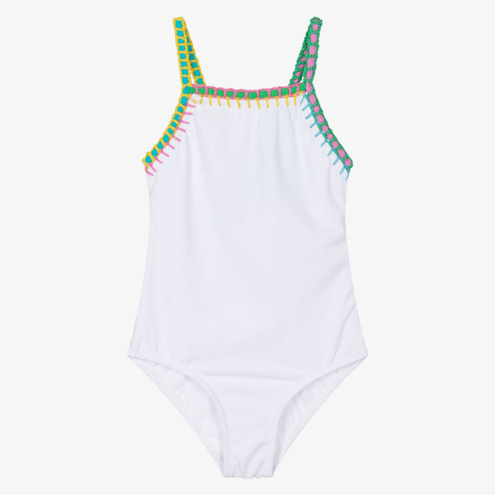 Nessi Byrd-Girls White Swimsuit with Multicolour Trims (UV50) | Childrensalon