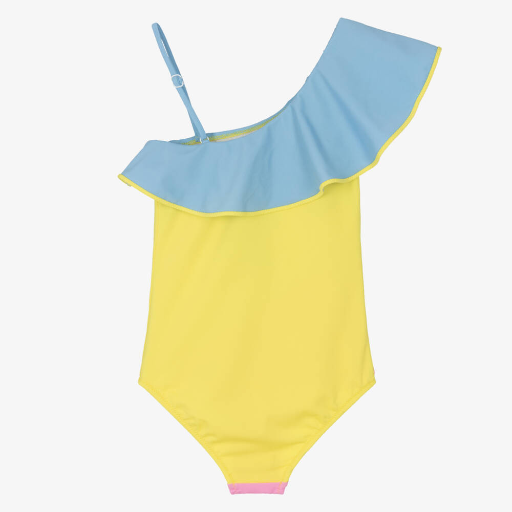 Nessi Byrd-Купальник с воланами желтый и розовый цветной блок для девочек (UV50) | Childrensalon