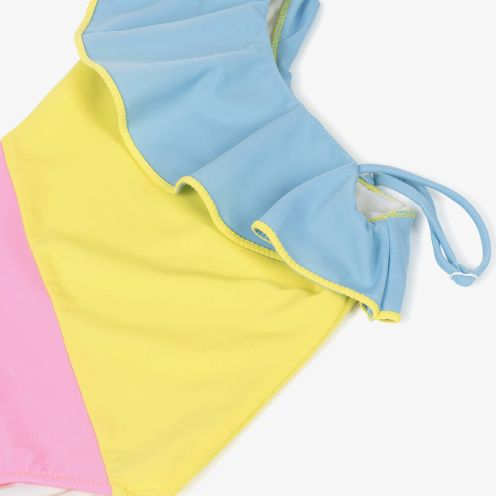 Nessi Byrd-Купальник с воланами желтый и розовый цветной блок для девочек (UV50) | Childrensalon