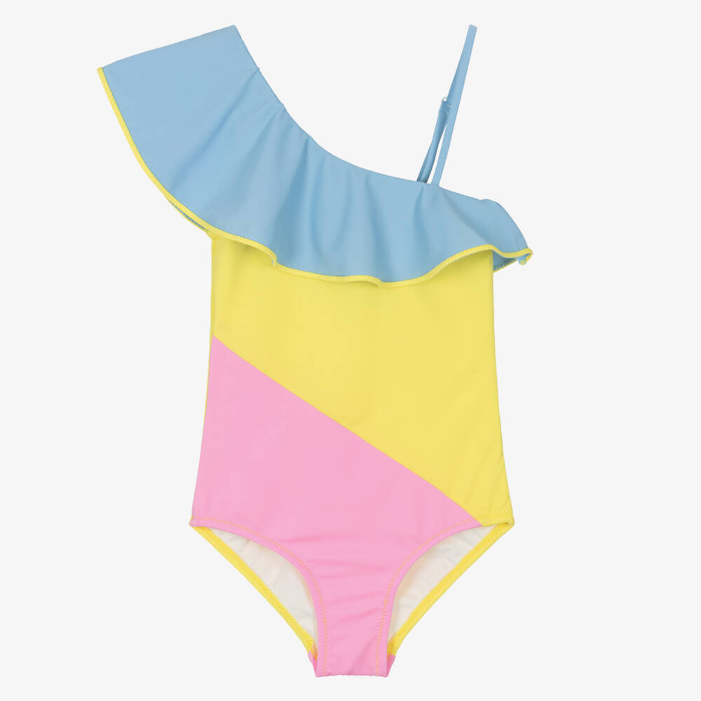 Nessi Byrd-Girls Yellow & Pink Colourblock Ruffle Swimsuit (UV50) | Childrensalon