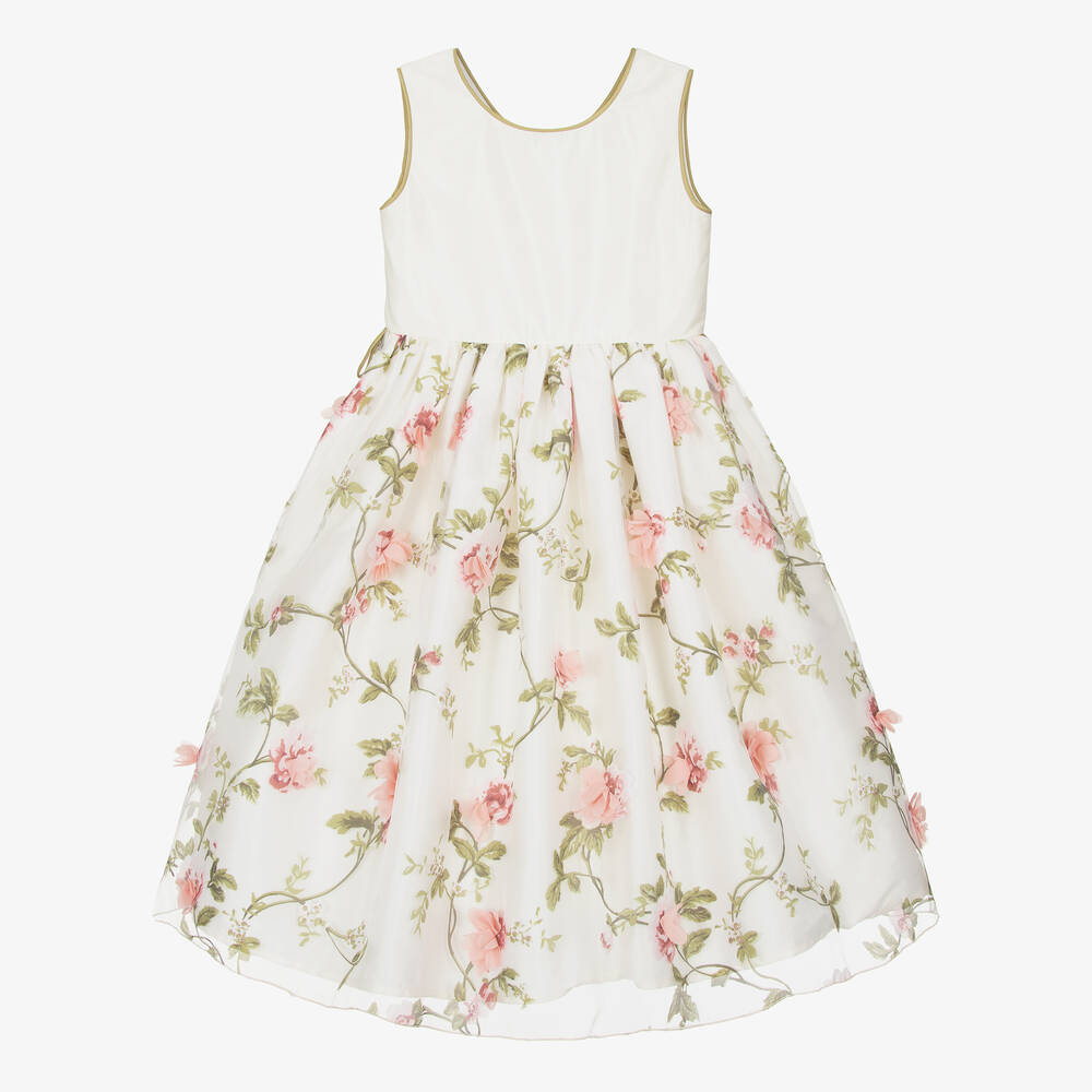 Nicki Macfarlane-فستان حرير وأورغانزا لون عاجي بطبعة ورود | Childrensalon
