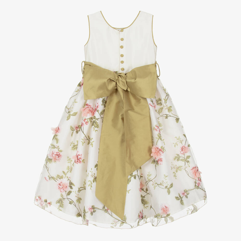 Nicki Macfarlane-فستان حرير وأورغانزا لون عاجي بطبعة ورود | Childrensalon