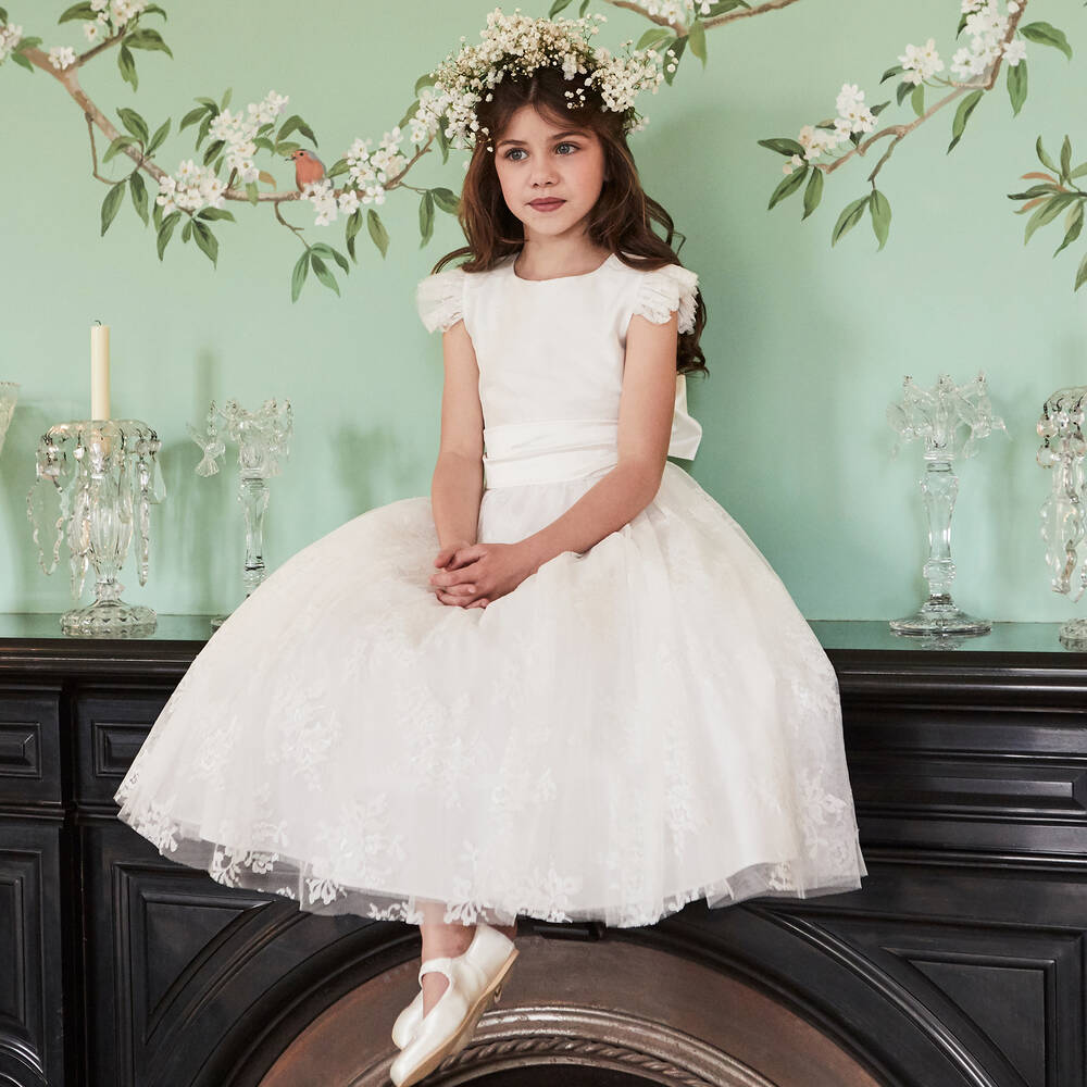 Nicki Macfarlane-Girls Ivory Silk & Lace Dress | Childrensalon