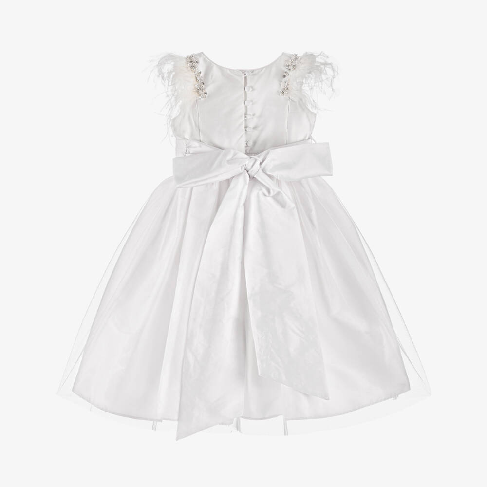 Nicki Macfarlane-Girls White Silk & Tulle Dress with Sequins, Pearls & Feathers | Childrensalon