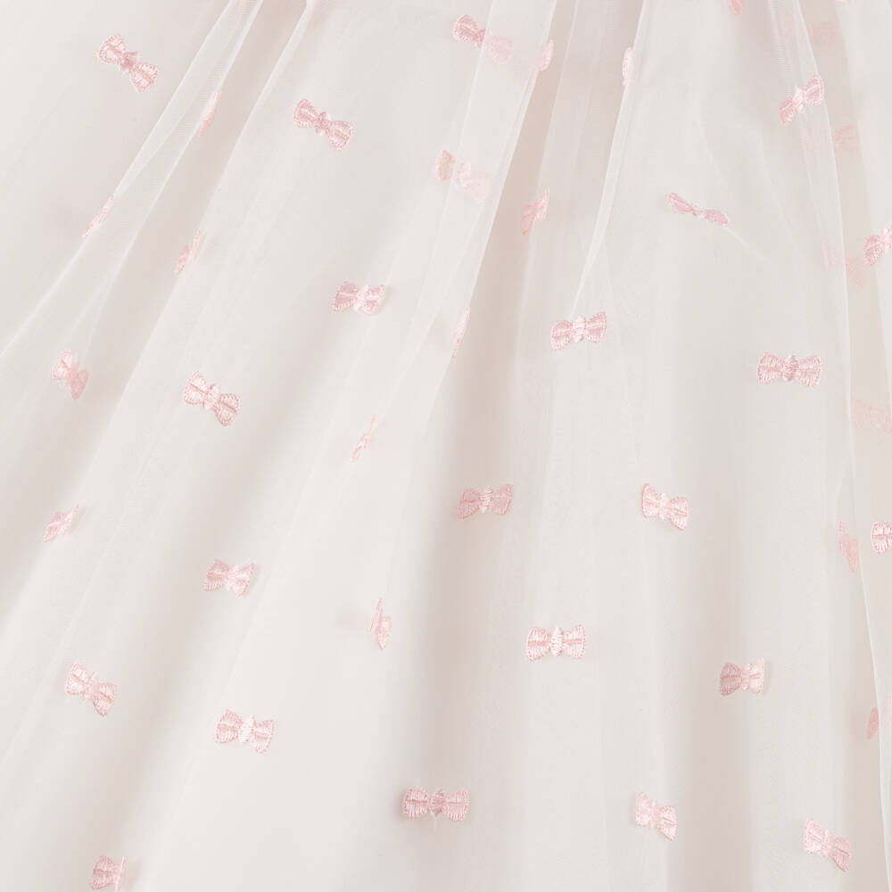Nicki Macfarlane-Girls White Tulle Dress with Embroidered Pink Bows | Childrensalon
