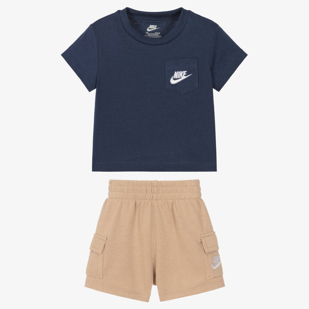 Nike-Baby Boys Blue & Beige Cotton Jersey Shorts Set | Childrensalon