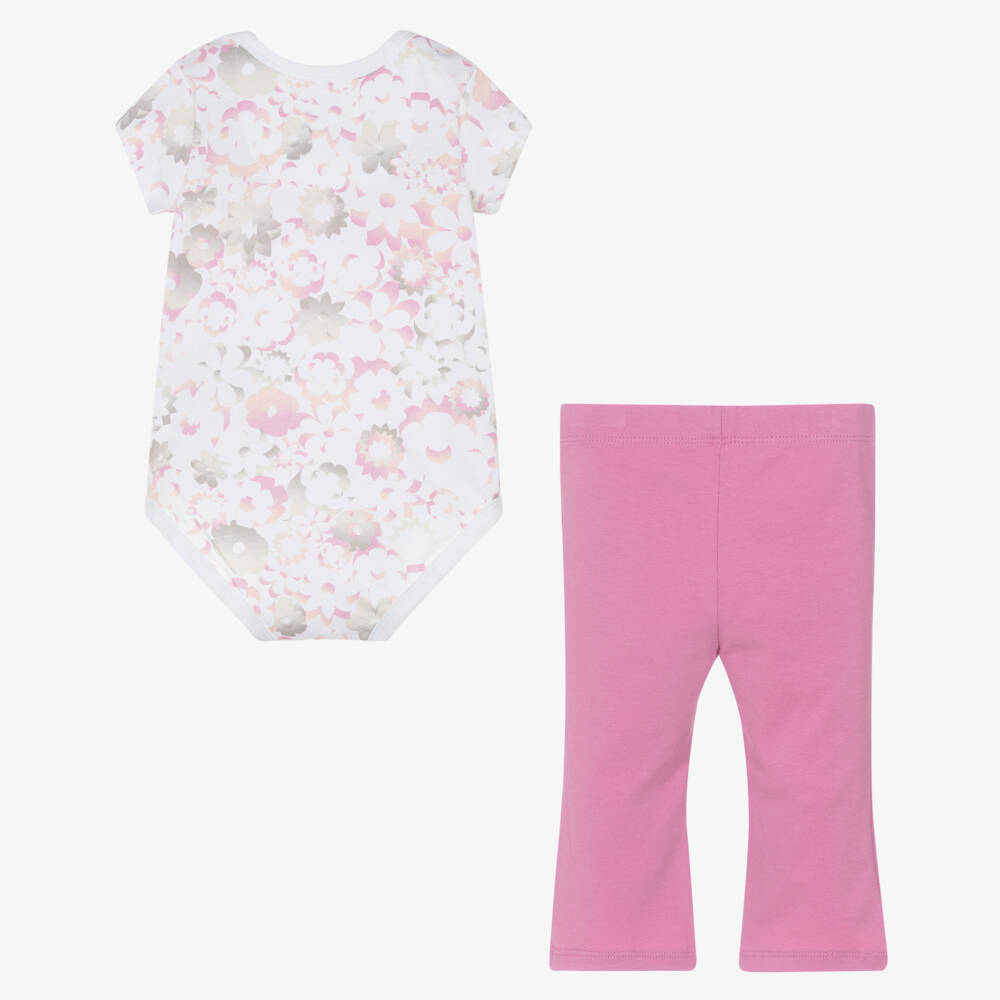 Nike-Baby Girls Pink Cotton Swoosh Logo Floral Leggings Set | Childrensalon