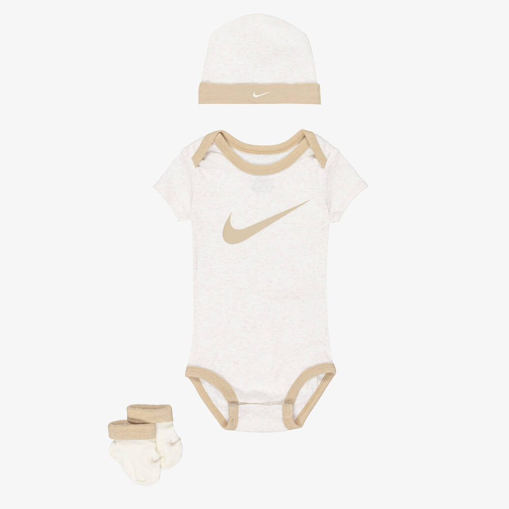 Nike-Beige Cotton Jersey Babysuit Set with Swoosh Logos | Childrensalon