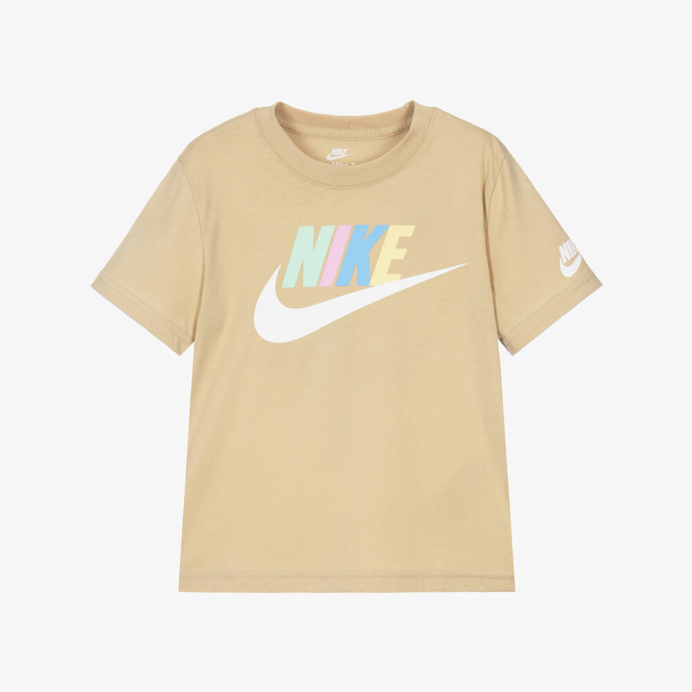 Nike-Beige Crew Neck T-Shirt with Swoosh Print | Childrensalon