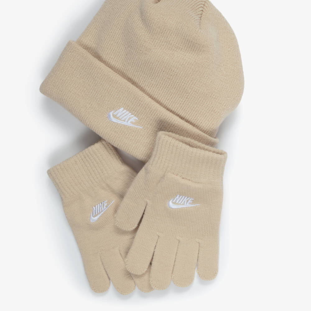 Nike-Beige Ribbed Knit Hat & Gloves Set with Swoosh Logo | Childrensalon