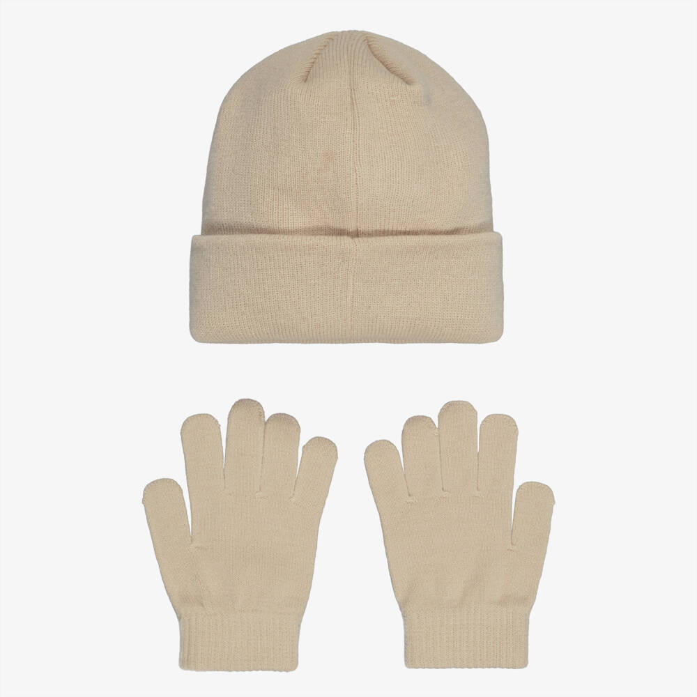 Nike-Beige Ribbed Knit Hat & Gloves Set with Swoosh Logo | Childrensalon
