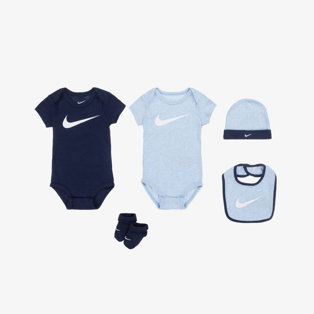 Nike-Blue Cotton Swoosh Logo Babysuit Set | Childrensalon