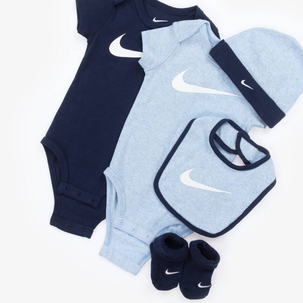 Nike-Blue Cotton Swoosh Logo Babysuit Set | Childrensalon