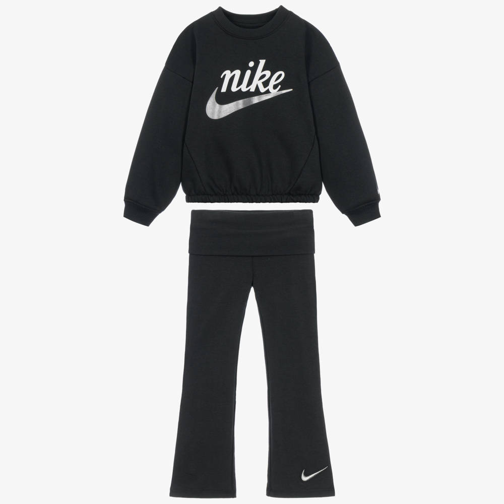 Nike-Girls Black Cotton Jersey Flared Leggings Set | Childrensalon