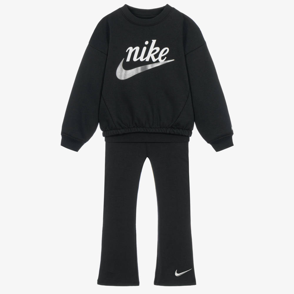Nike-Girls Black Cotton Jersey Flared Leggings Set  | Childrensalon