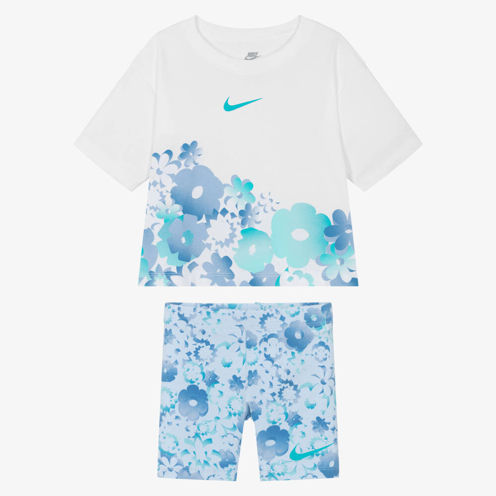 Nike-Girls Blue Floral Swoosh Logo Shorts Set | Childrensalon