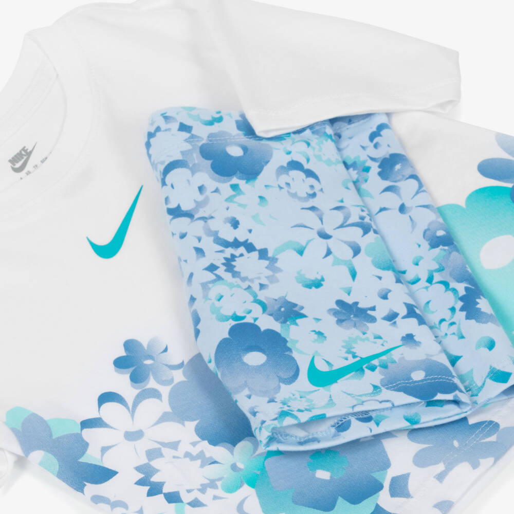Nike-Girls Blue Floral Swoosh Logo Shorts Set | Childrensalon