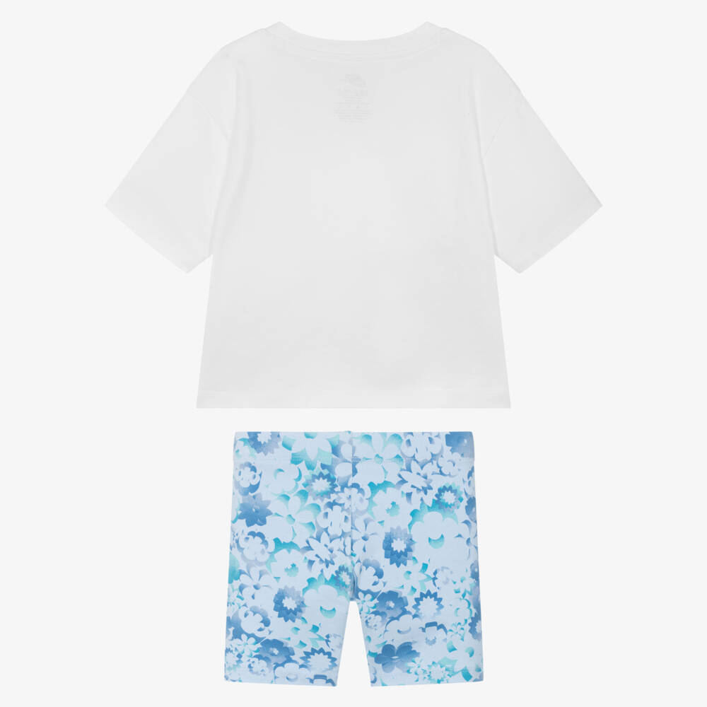 Nike-Girls Blue Floral Swoosh Logo Shorts Set | Childrensalon