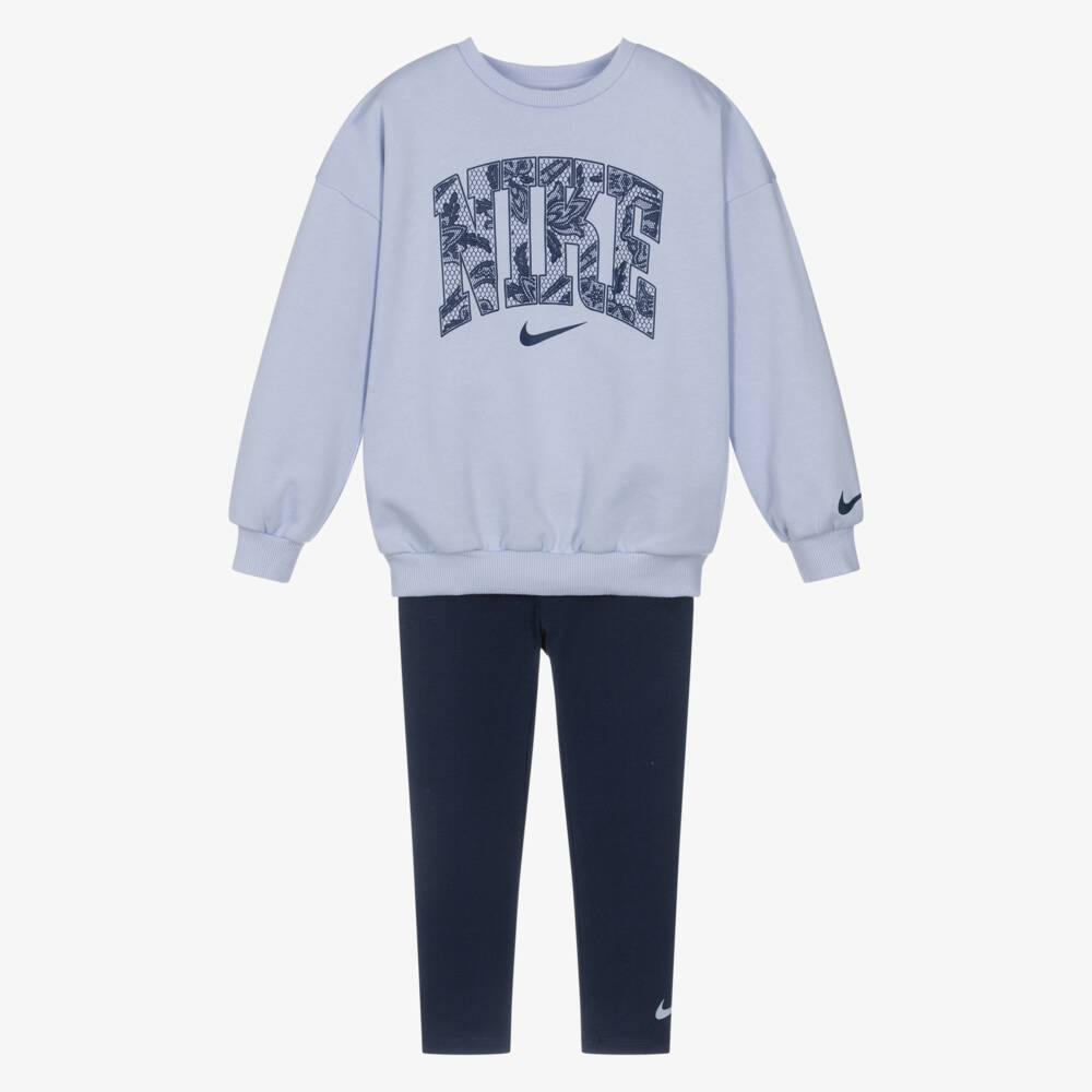 Nike-Girls Blue Jersey Leggings Set with Floral Nike Logo | Childrensalon