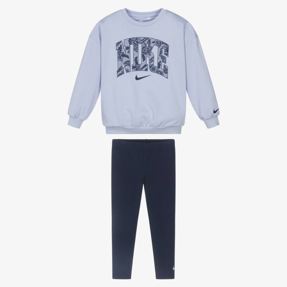Nike-Girls Blue Jersey Leggings Set with Floral Nike Logo | Childrensalon