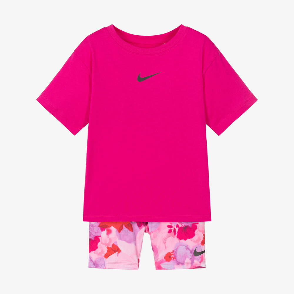 Nike-Girls Bright Pink Floral Cycle Shorts Set | Childrensalon