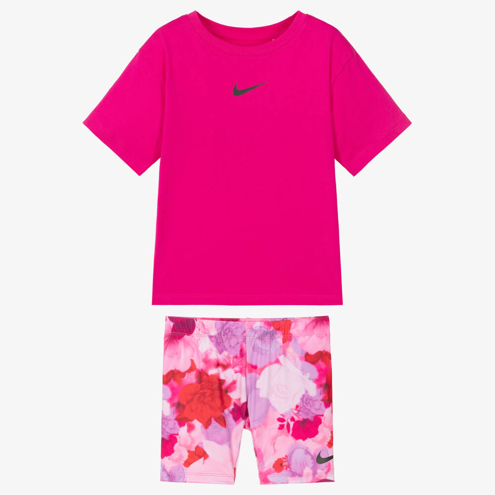 Nike-Girls Bright Pink Floral Cycle Shorts Set | Childrensalon