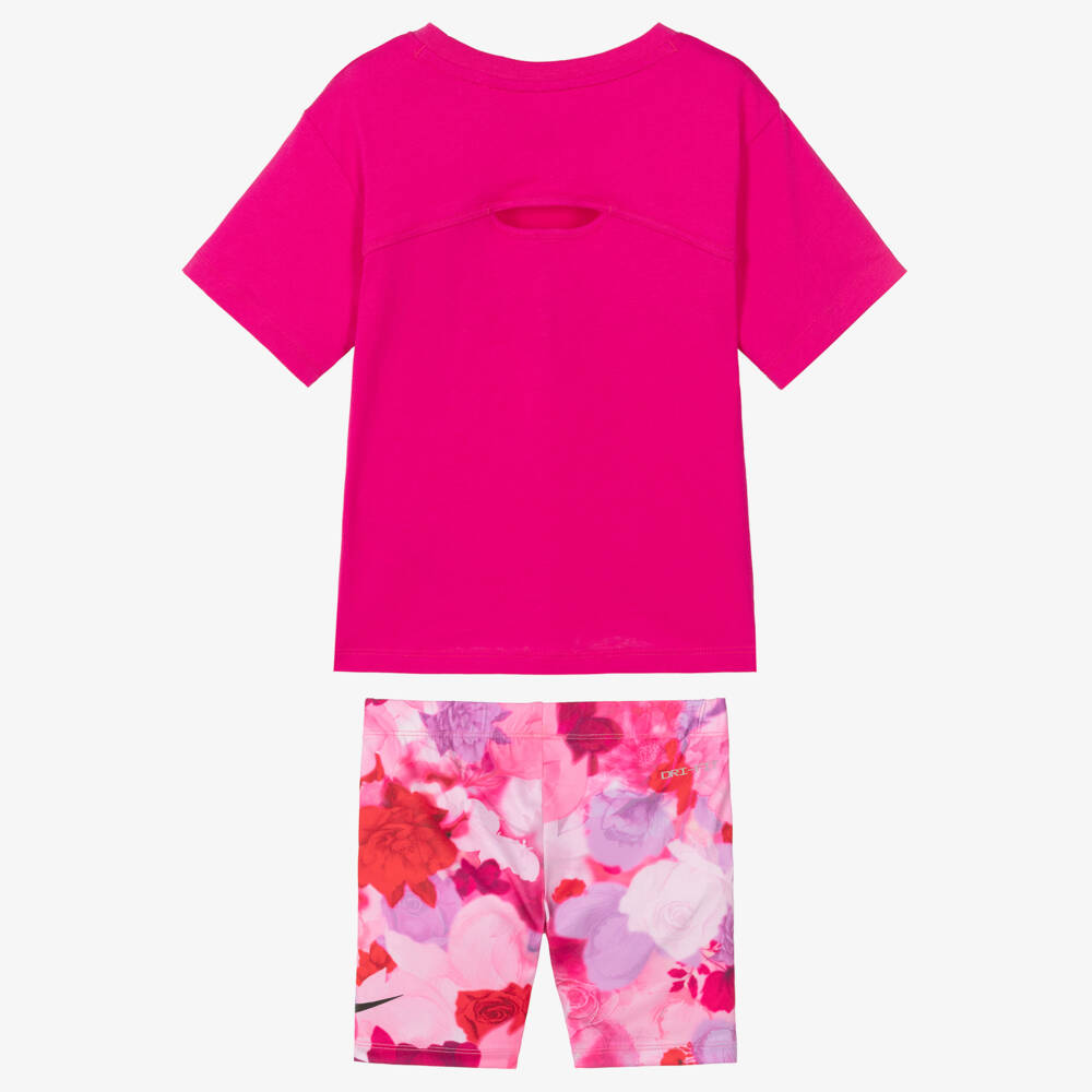 Nike-Girls Bright Pink Floral Cycle Shorts Set | Childrensalon