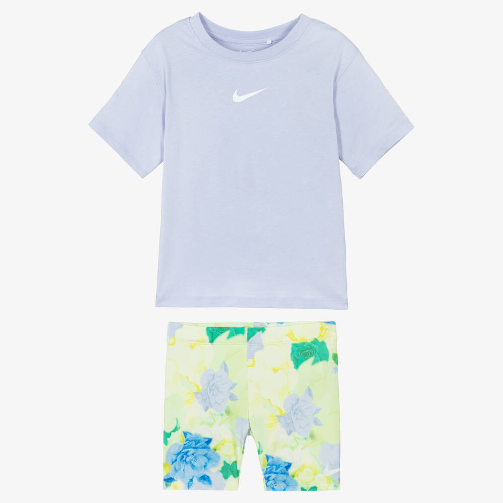 Nike-Girls Lilac & Green Floral Cycle Shorts Set | Childrensalon