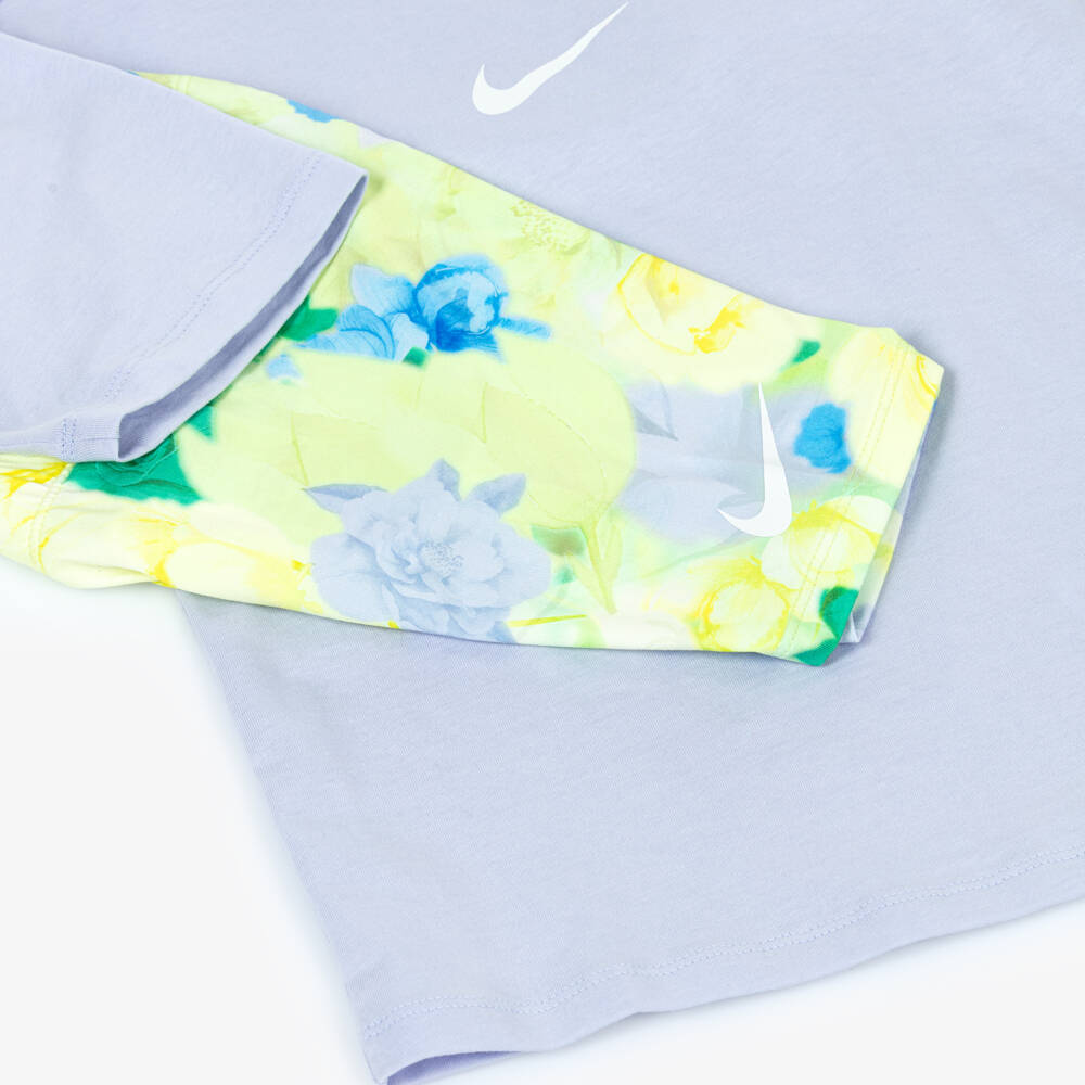 Nike-Girls Lilac & Green Floral Cycle Shorts Set | Childrensalon