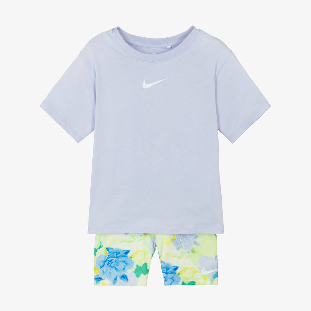 Nike-Girls Lilac & Green Floral Cycle Shorts Set | Childrensalon