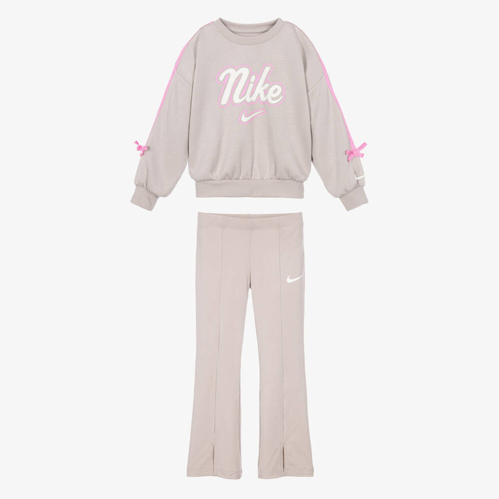 Nike-Girls Mink Grey Tracksuit with Pink Ribbon Trim | Childrensalon