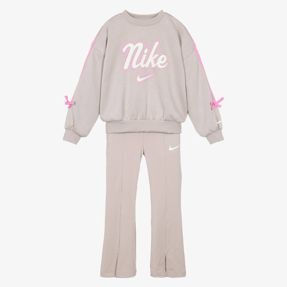 Nike-Girls Mink Grey Tracksuit with Pink Ribbon Trim | Childrensalon