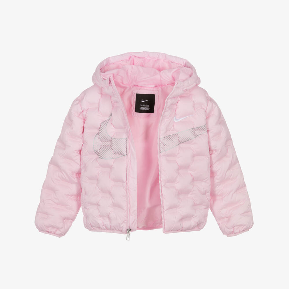 Nike-Girls Pale Pink Textured Puffered Jacket with Swoosh Logo | Childrensalon