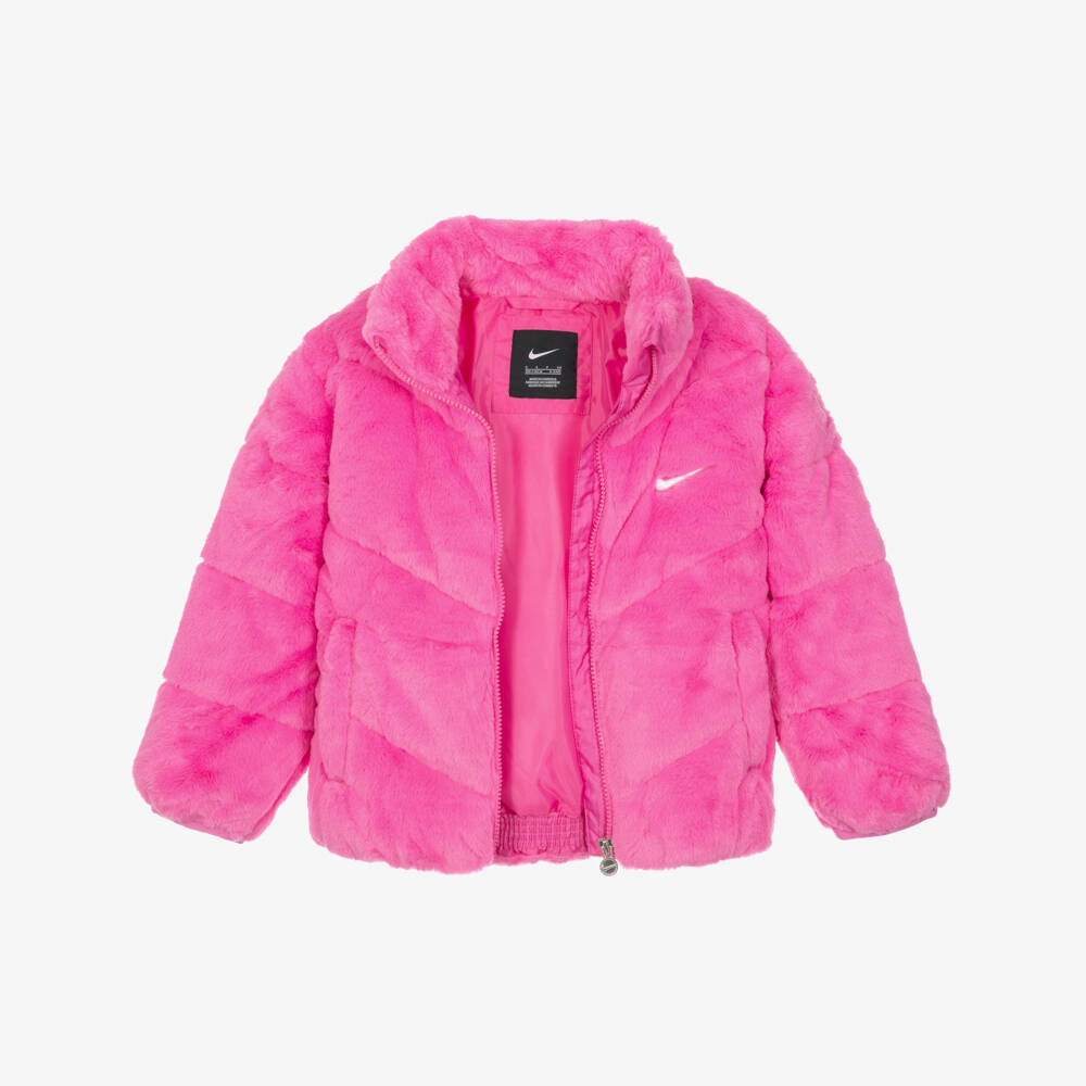 Nike-Girls Pink Faux Fur Jacket with Swoosh | Childrensalon