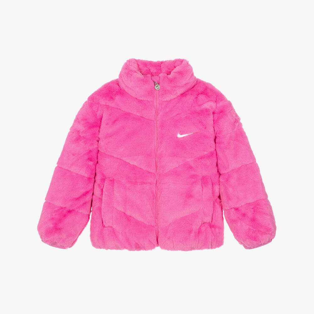 Nike-Girls Pink Faux Fur Jacket with Swoosh  | Childrensalon