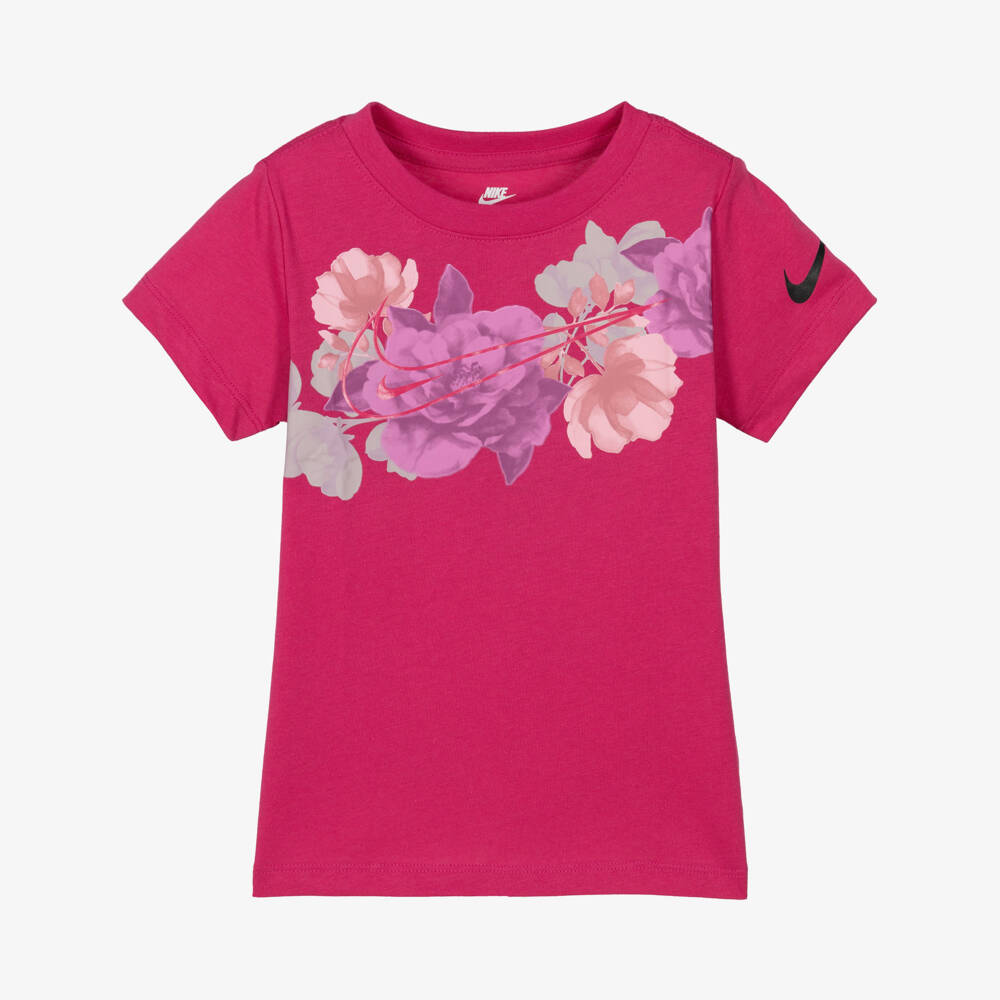 Nike-Girls Pink Floral Jersey T-Shirt with Swoosh Logo | Childrensalon