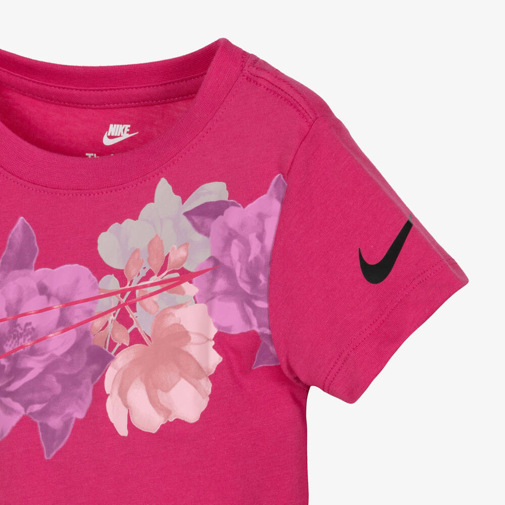 Nike-Girls Pink Floral Jersey T-Shirt with Swoosh Logo | Childrensalon