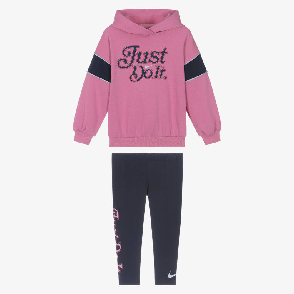 Nike-Girls Pink Hoodie & Navy Blue Leggings Set | Childrensalon