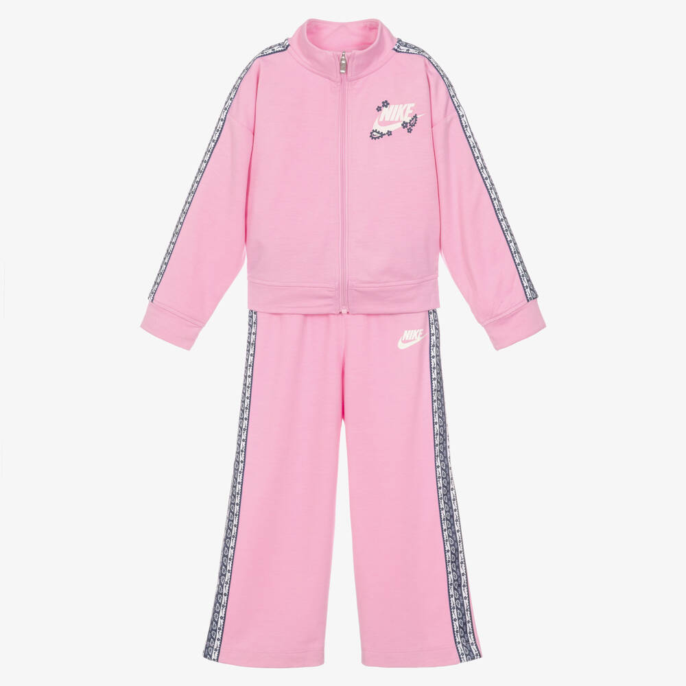Nike-Girls Pink Tracksuit with Floral Logo Tape | Childrensalon