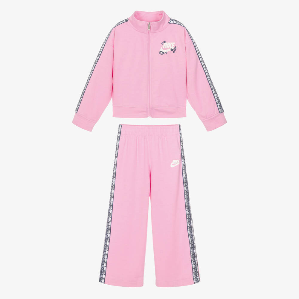 Nike-Girls Pink Tracksuit with Floral Logo Tape | Childrensalon